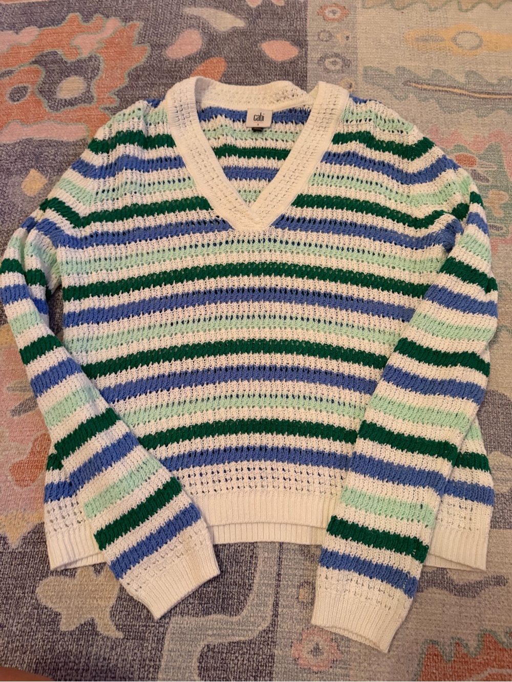 CAbi Striped Open-Knit V-Neck Sweater in White, Blue & Green